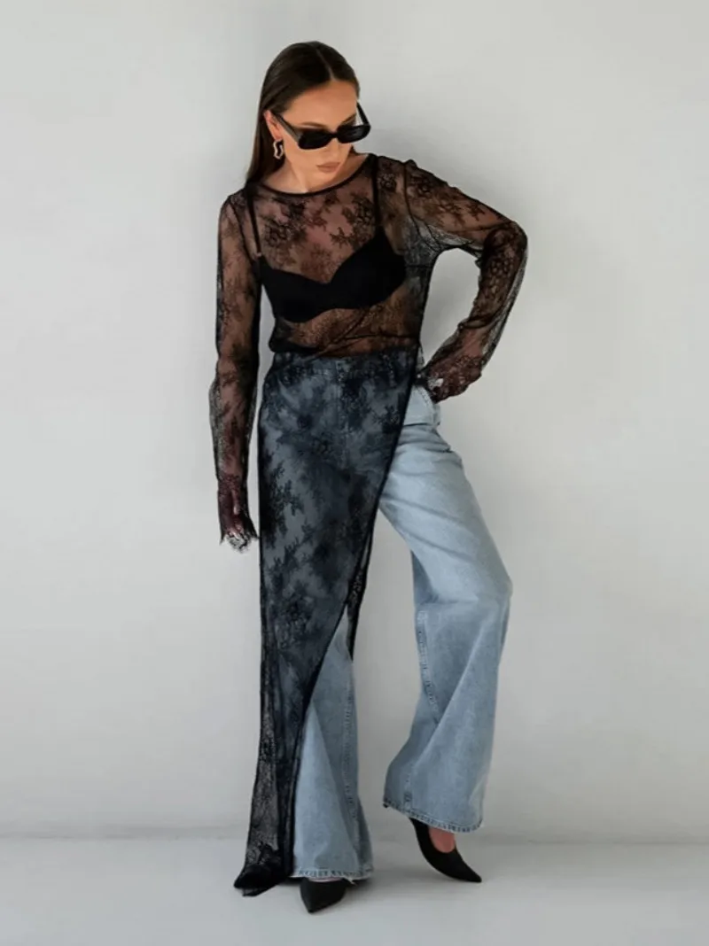 Robe longue en dentelle transparente noire pour femmes, Sexy, col rond, manches longues, ajouré, fente haute, T-shirt irrégulier, 2024