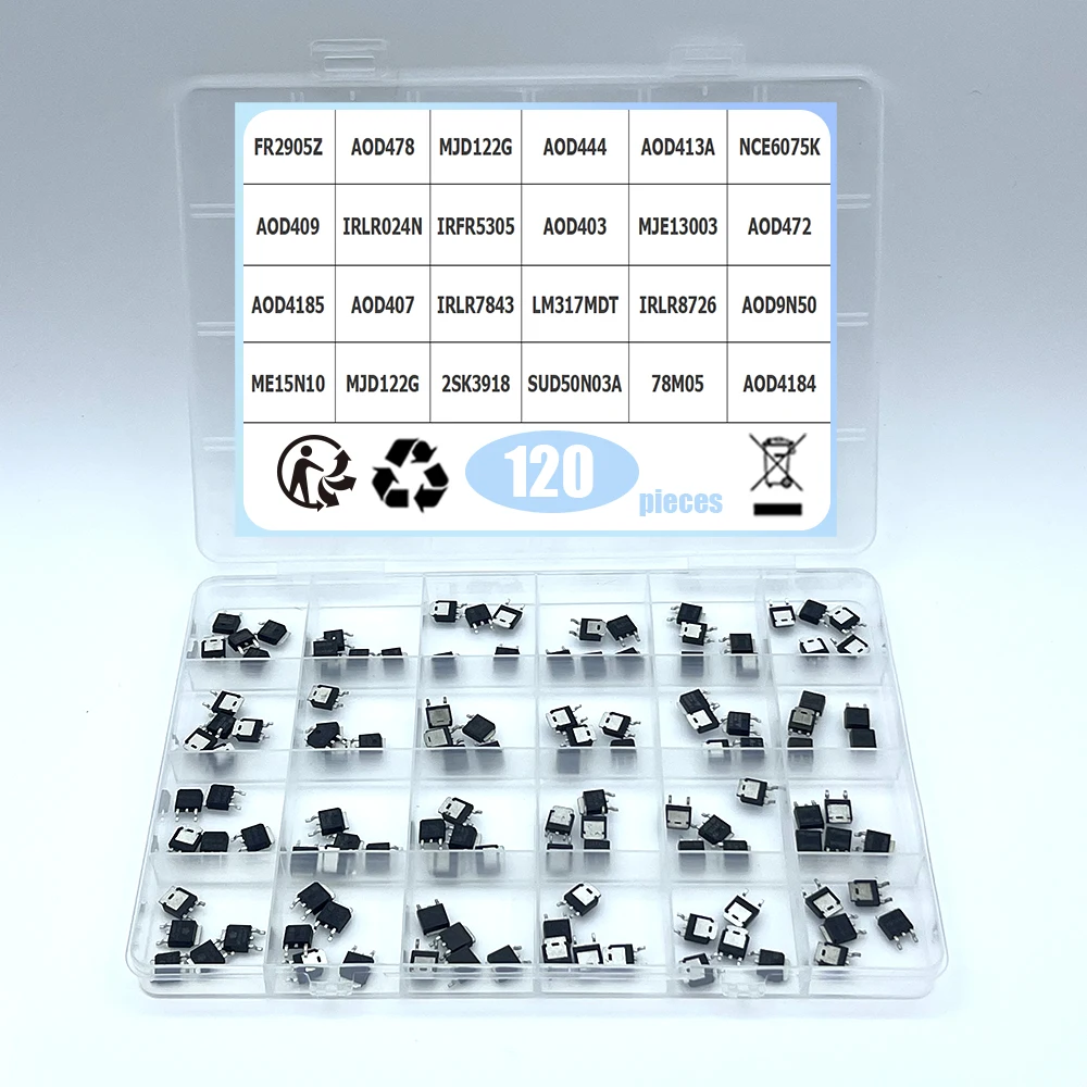 120 Uds 24 valores TO-252 nuevo transistor MOS FET 78M05 AOD4184 ME15N10 AOD4185 IRLR8726 AOD478 AOD444 NCE6075K Ic Socket Kit SET