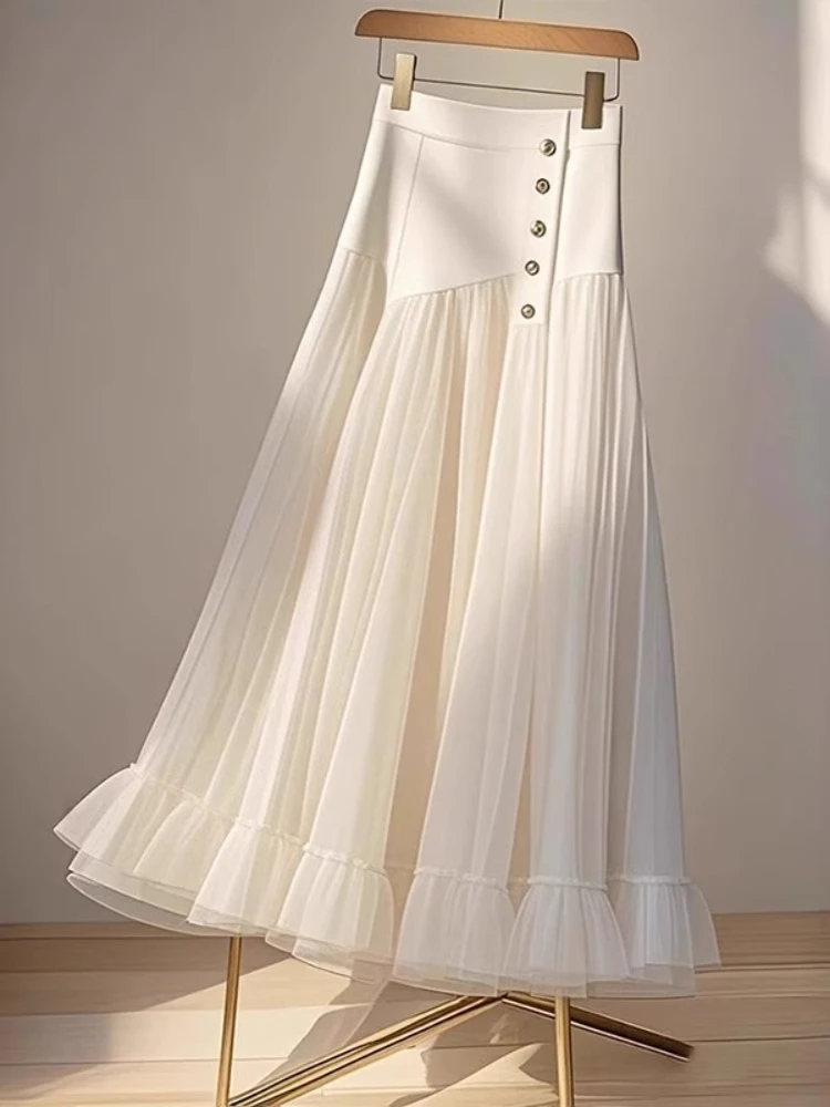 

French Elegant Skirts High Waist Gauze Patchwork Ruffles Pleated Solid Color Skirt Spring Summer All Match Women's Clothing 2025