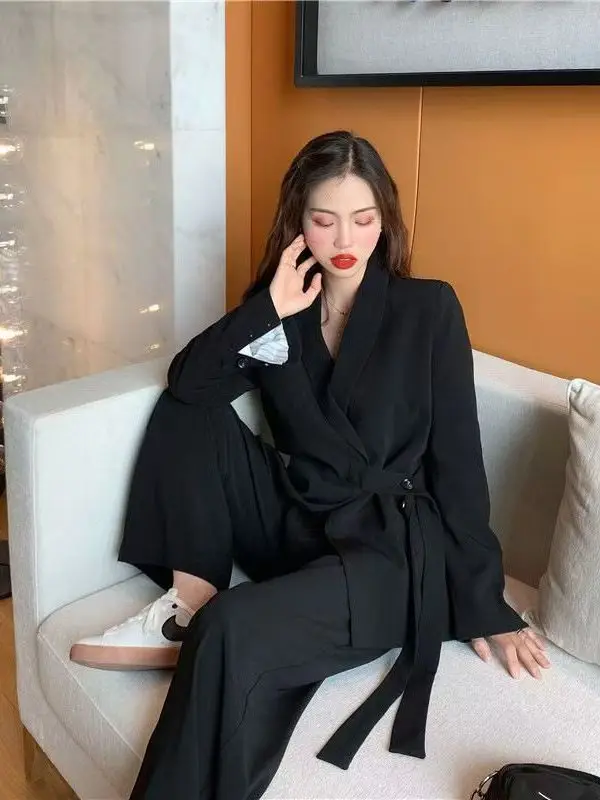 Casual Wide Leg Pants Women's Two-Piece Set Korean Style Spring Autumn Design Sense Suiting Ensemble High Waist Polyester Fiber