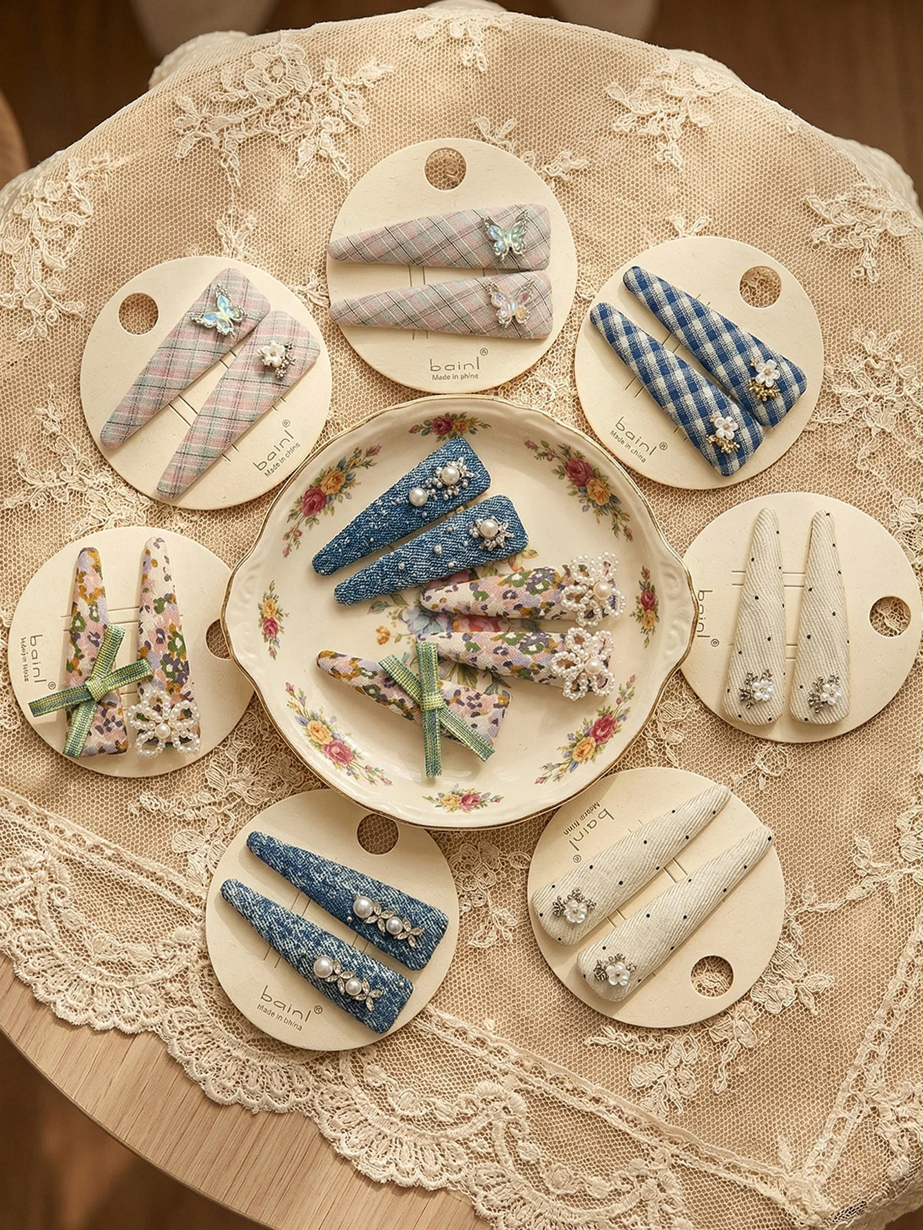 Cute Checkered and Denim Hairpin Set - Y2K Aesthetic Butterfly and Pearl Decorated Hairpins, Sweet Floral Bow Hairpins,with card