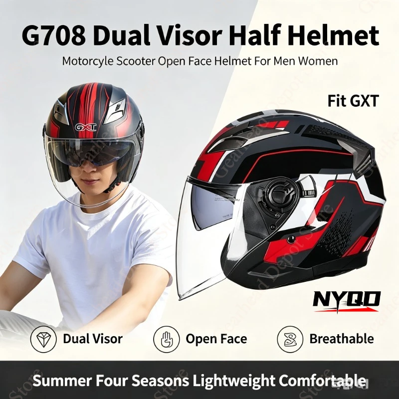 G708 Dual Visor Half Helmet Four Seasons Open Face Motorcycle Scooter Helmet Summer Breathable Helmet For Men Women Fit GXT