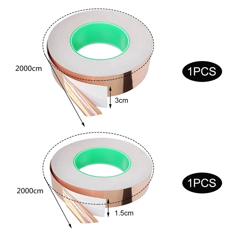 Fita adesiva de folha de cobre, 15/30mm de largura, fita de barreira, dupla condutora, autoadesiva, folha de cobre