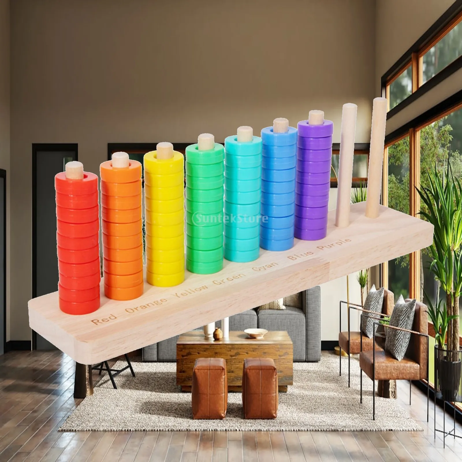 Wooden Rainbow Ring Stacking Game for Children Color Matching Toy with Sturdy Rectangular Peg Board
