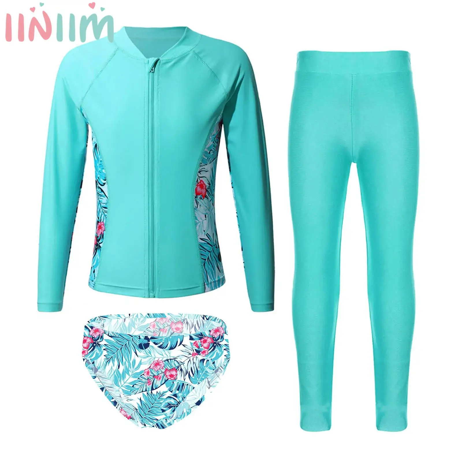 

Kids Girls UPF 50+ Rash Guard Sets Long Sleeve Zipper Printed Swim Tops with Briefs and Pants for Beach Pool Bathing Swimming