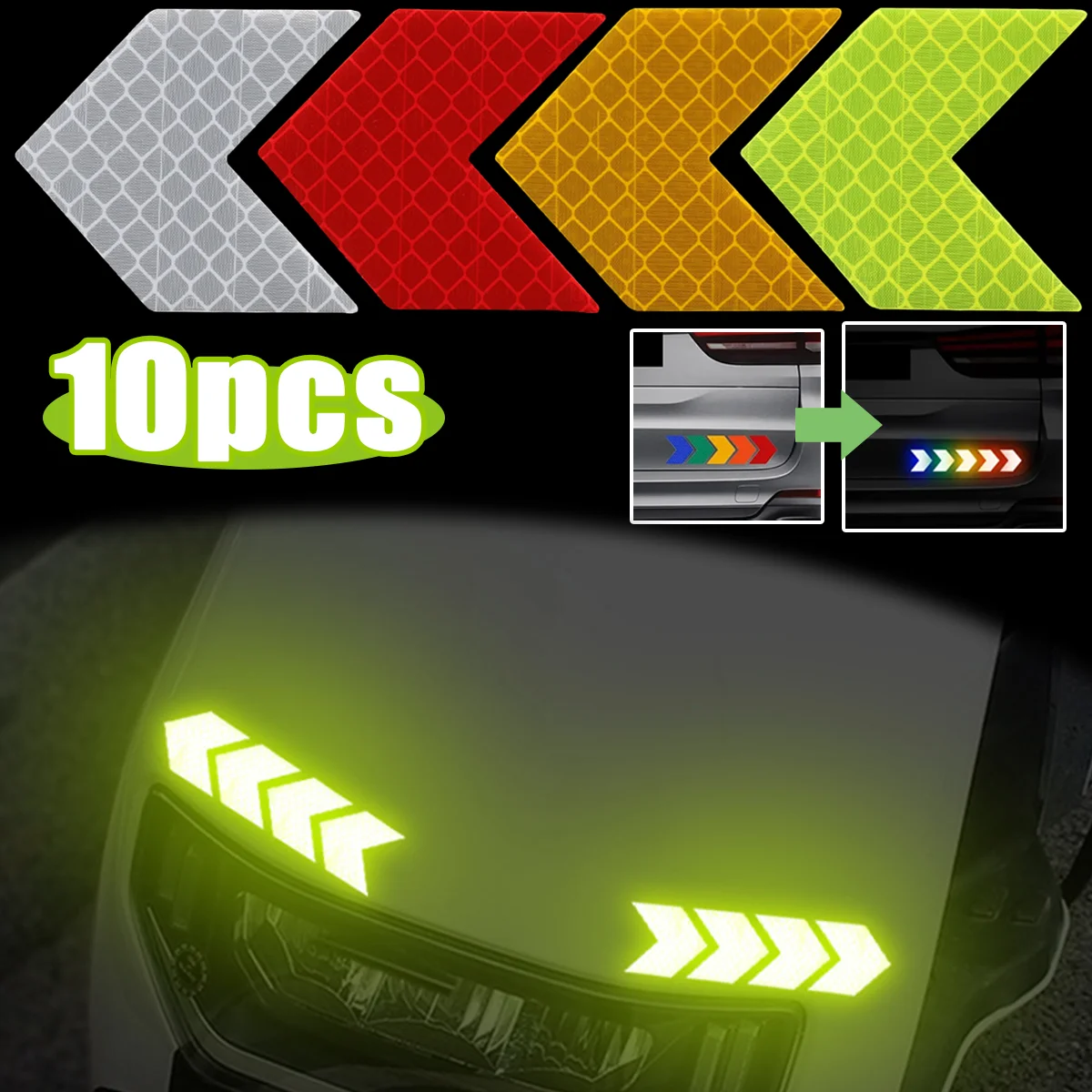 

10Pcs High Visibility Car Reflective Stickers Reflective Arrow Sign Tape Self-Adhesive Waterproof Decal for Night Driving Safety
