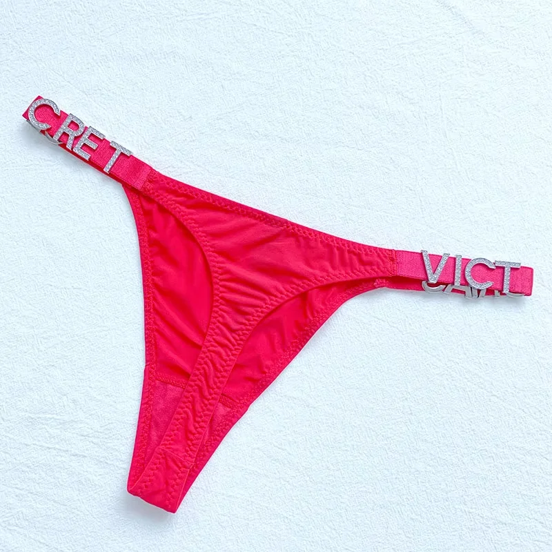 Sexy Pink Panties Lingerie Cotton Female Seamless Thong Underwear Low Rise Women Bikini Bra Rhinestone Letter Comfort Briefs