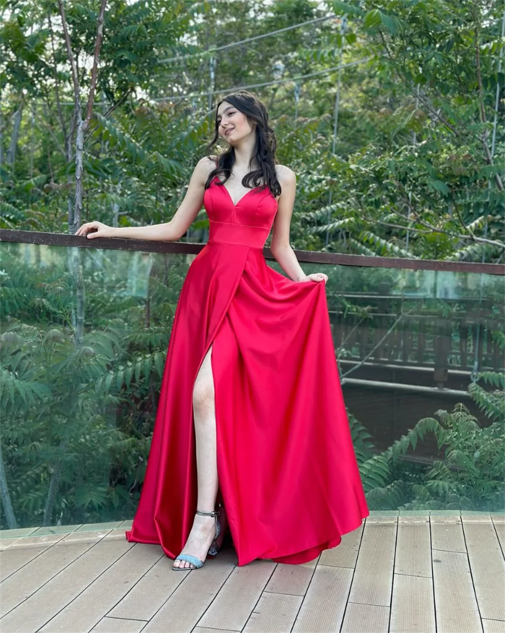 Jessica-vestidos De graduación De satén rojo Simple, línea A, aberturas laterales, vestidos De noche, dulce corsé, vestido De fiesta De boda, túnicas De Soirée