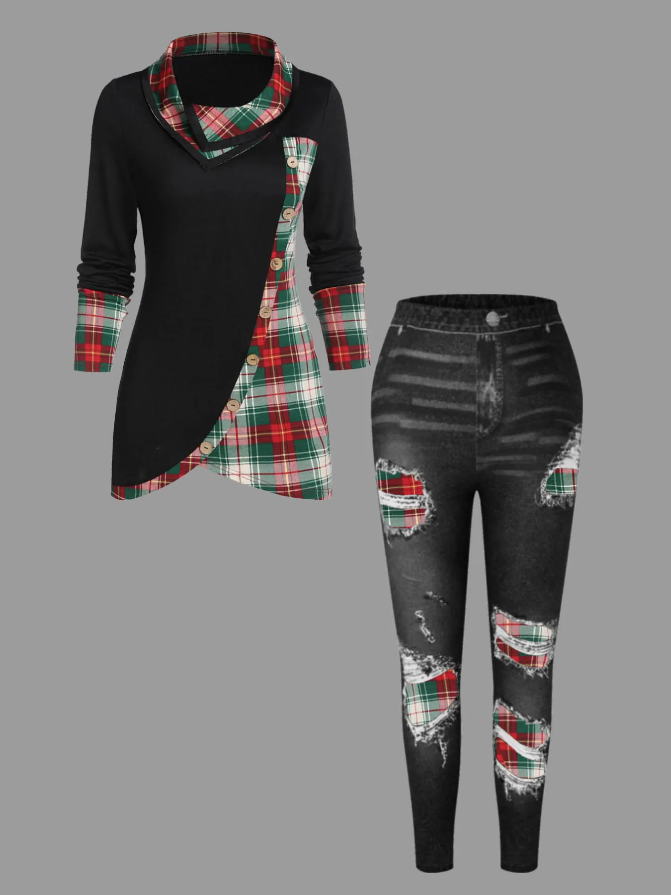 Women Plus Size Matching Set Stand Collar Patchwork Colorblock Plaid Printed Irregular Hem Top and Skinny Leggings Two-piece Set