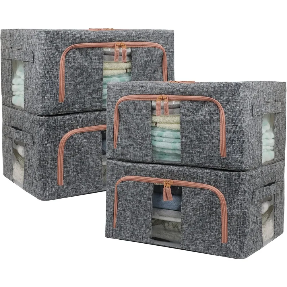 

Складные контейнеры для хранения белья из 4 штук с металлическим каркасом, серые органайзеры для шкафов емкостью 22 л для одежды и дома