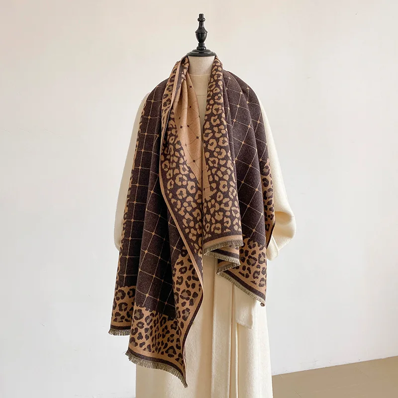 Scarf Women Leopard Check Double Sided Shawl Imitation Cashmere Tassel Edge Autumn Winter Coat Accessory Jacquard Warm Wrap