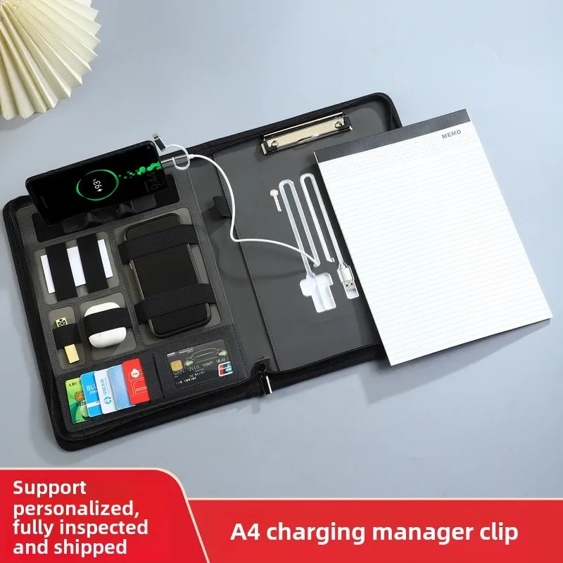 A4 Multifunctional Wireless Charging Manager Clip Customized Business Power Bank Zipper Briefcase Mobile Power Folder