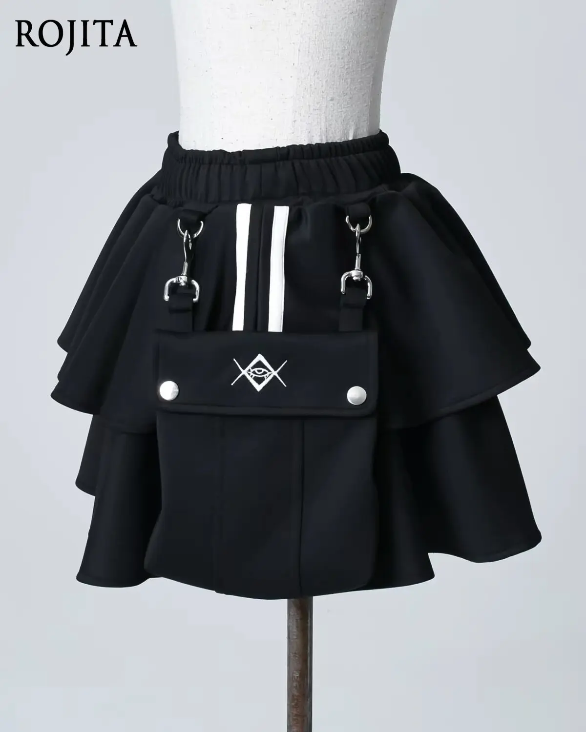 Dark Y2K Tiered Frill Skirt Y2K Gothic Layered Ruffle Mini Skirt Elastic Waist Detachable Pouch Embroidery Dark Streetwear Skirt