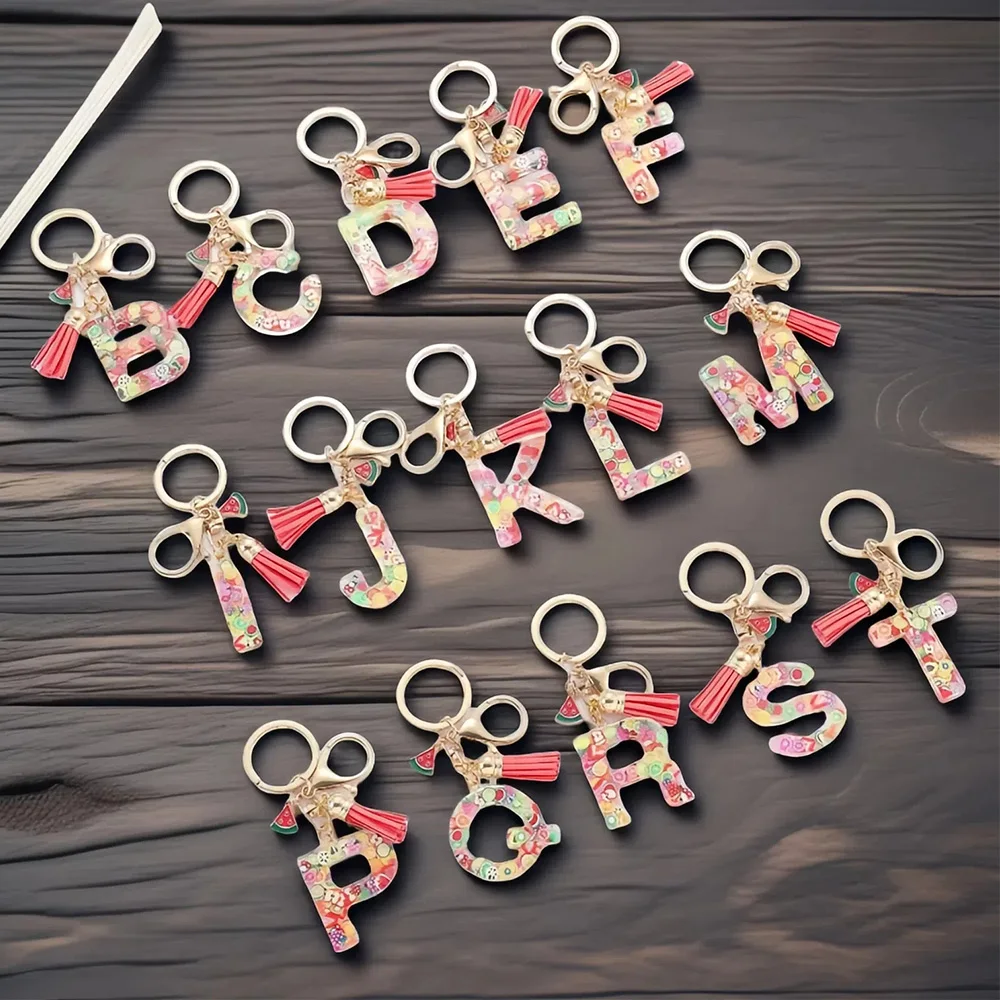 

Charms 26 Letter Keychain Watermelon Resin Acrylic leather Tassels key Chain For Women Girl Friend Gift Jewelry DIY Accessories