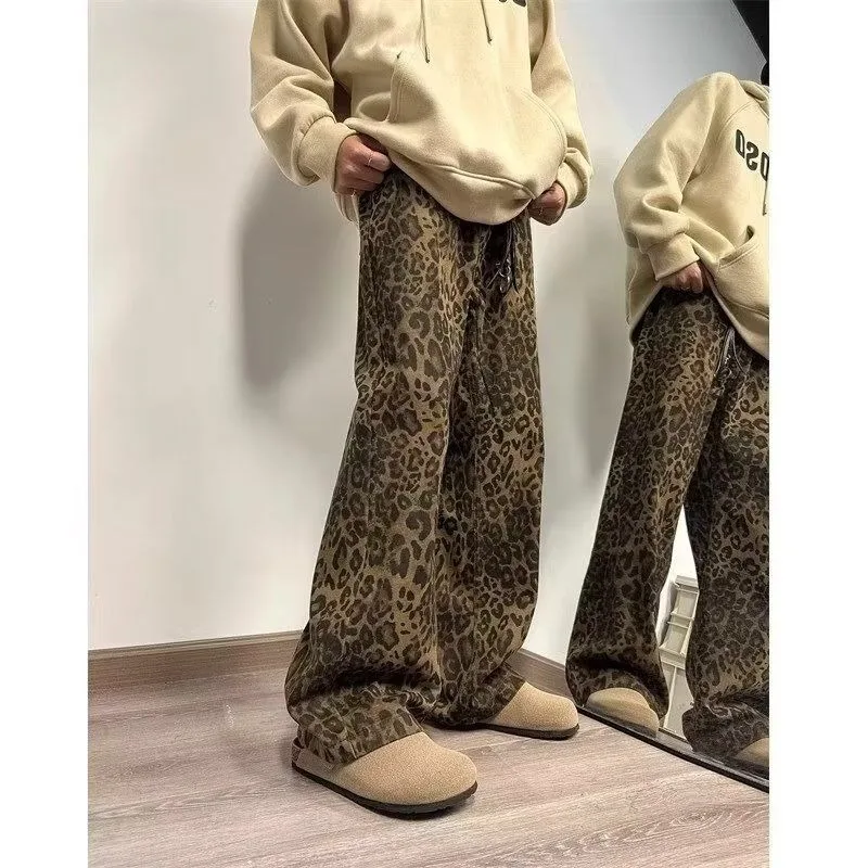 Leopard print denim men's design sense American hiphop high street pants Vibe trendy brand versatile straight leg micro flared