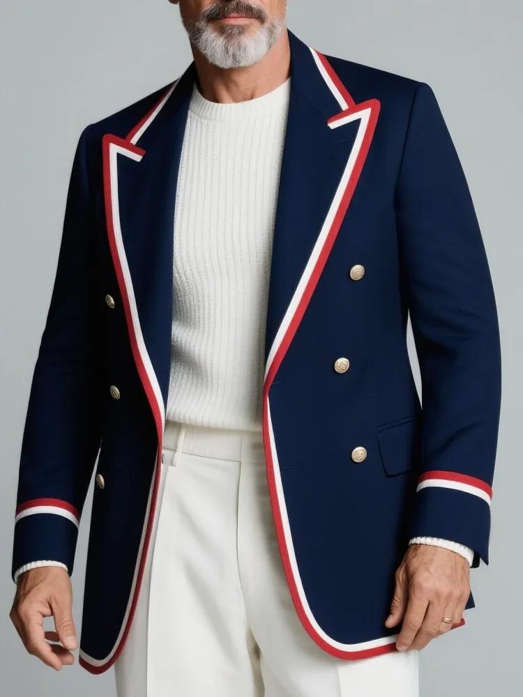 Men Navy Double Breasted Blazer Notched Lapel Contrast Red White Piping Formal Jacket