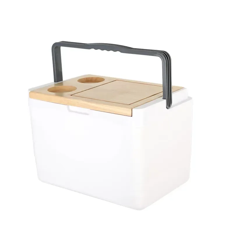 Portable Camping Fridge with Wooden Lid Insulated Cooler Box Outdoor Picnic Storage Container Multifunctional Table for