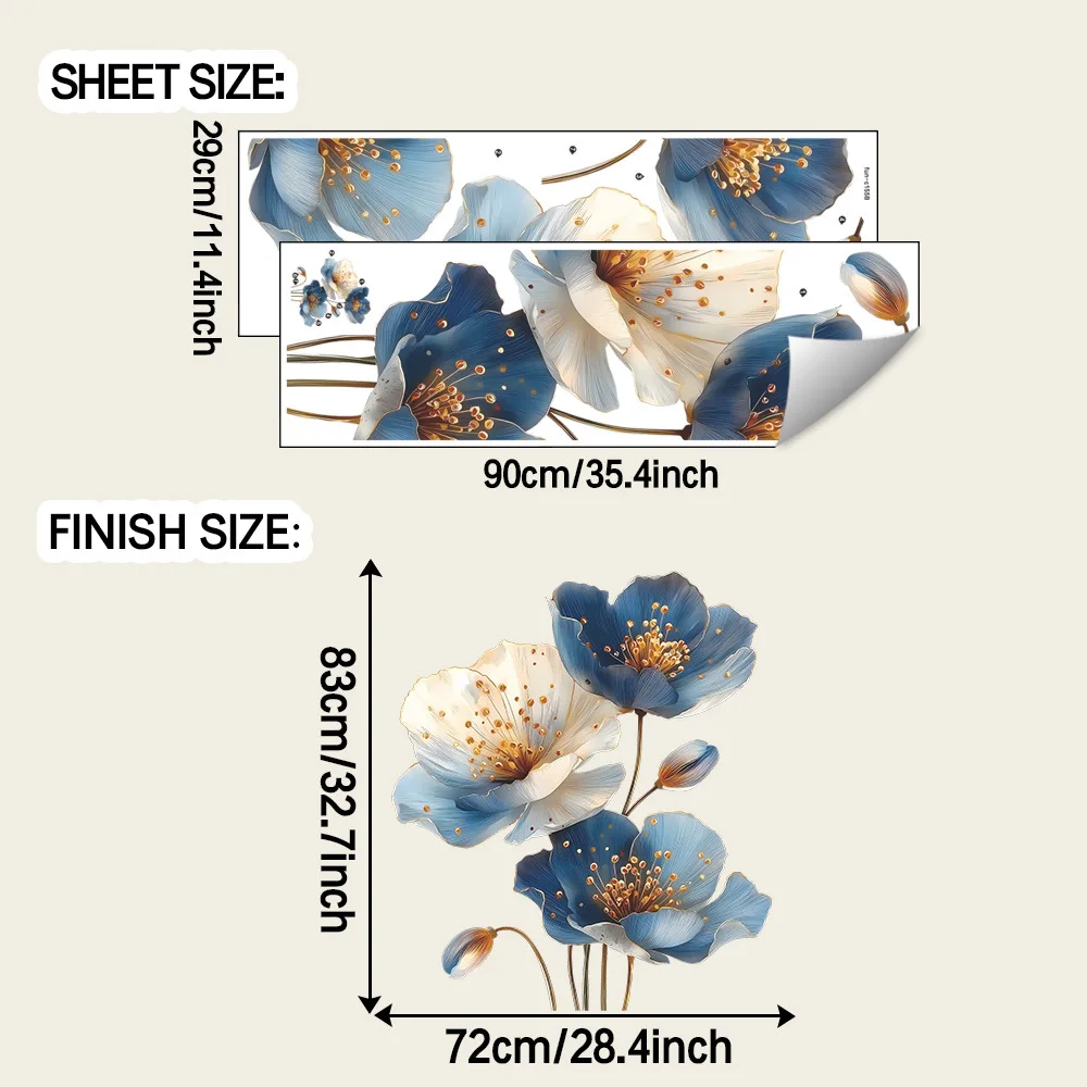 Creative Relief Blue-toned Floral Wall Decoration Stickers for Home Background of Living Room and Furniture, Self-adhesive