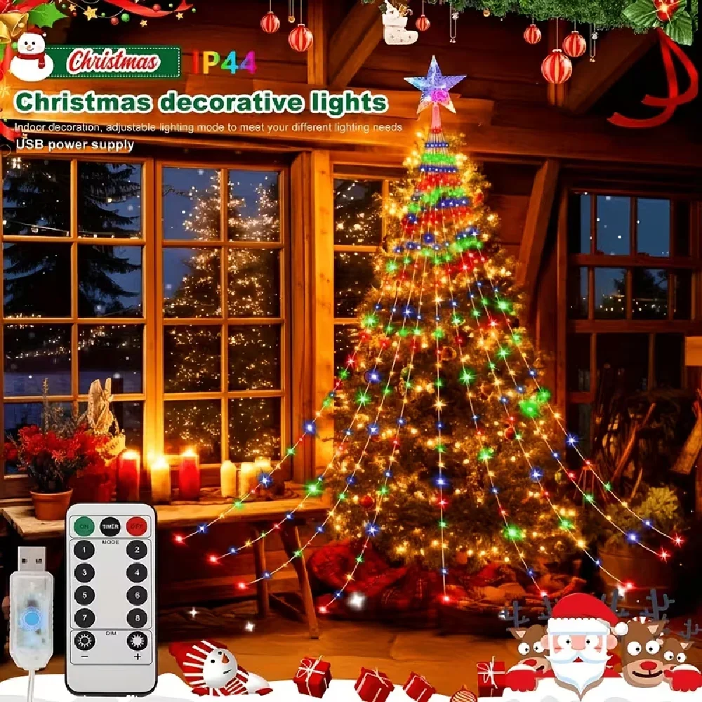 USB Christmas Tree Lights String Outdoor/Indoor Star Waterfall Lights 8 Modes for Party Halloween Christmas Festive Decor