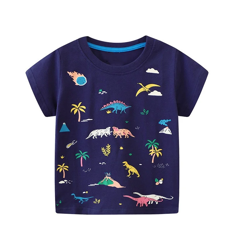 Jumping Meters Kids Short Sleeve T-Shirt 1pcs Dinosaur Print Night Light Summer Fashion Tees Baby Top for Children 2-7T
