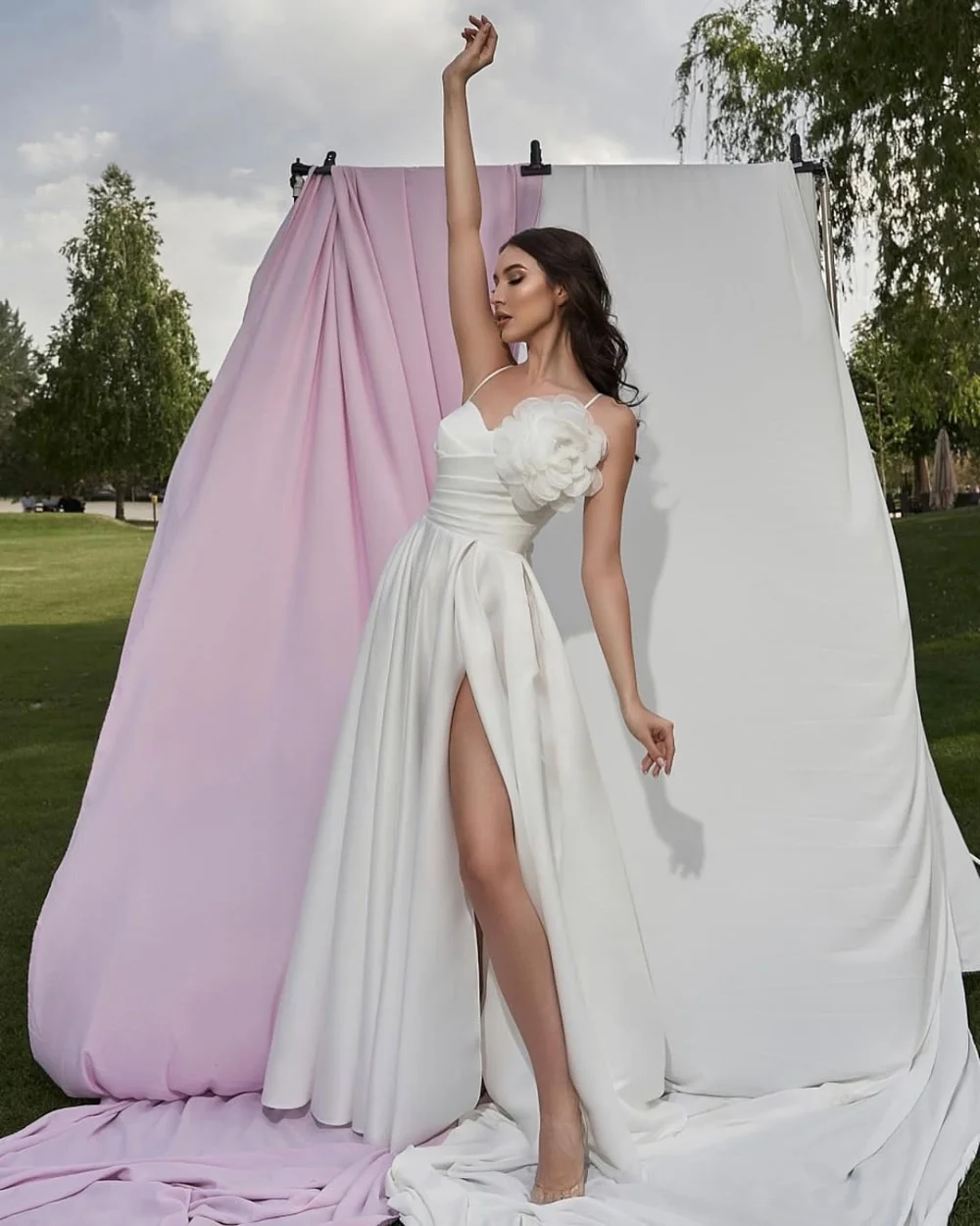 

Customized Modest Fashion Pleat Draped Handmade Flower A-line Strapless Ankle Length Evening Dresses Sizes Available