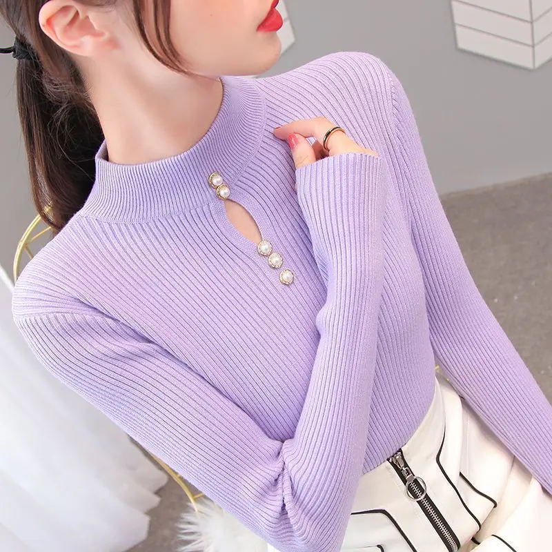 Autumn Elegant Fashion Long Sleeve Knit Pullover Women Clothing Vintage All-match Hollow Out Button Sweater Office Lady Chic Top