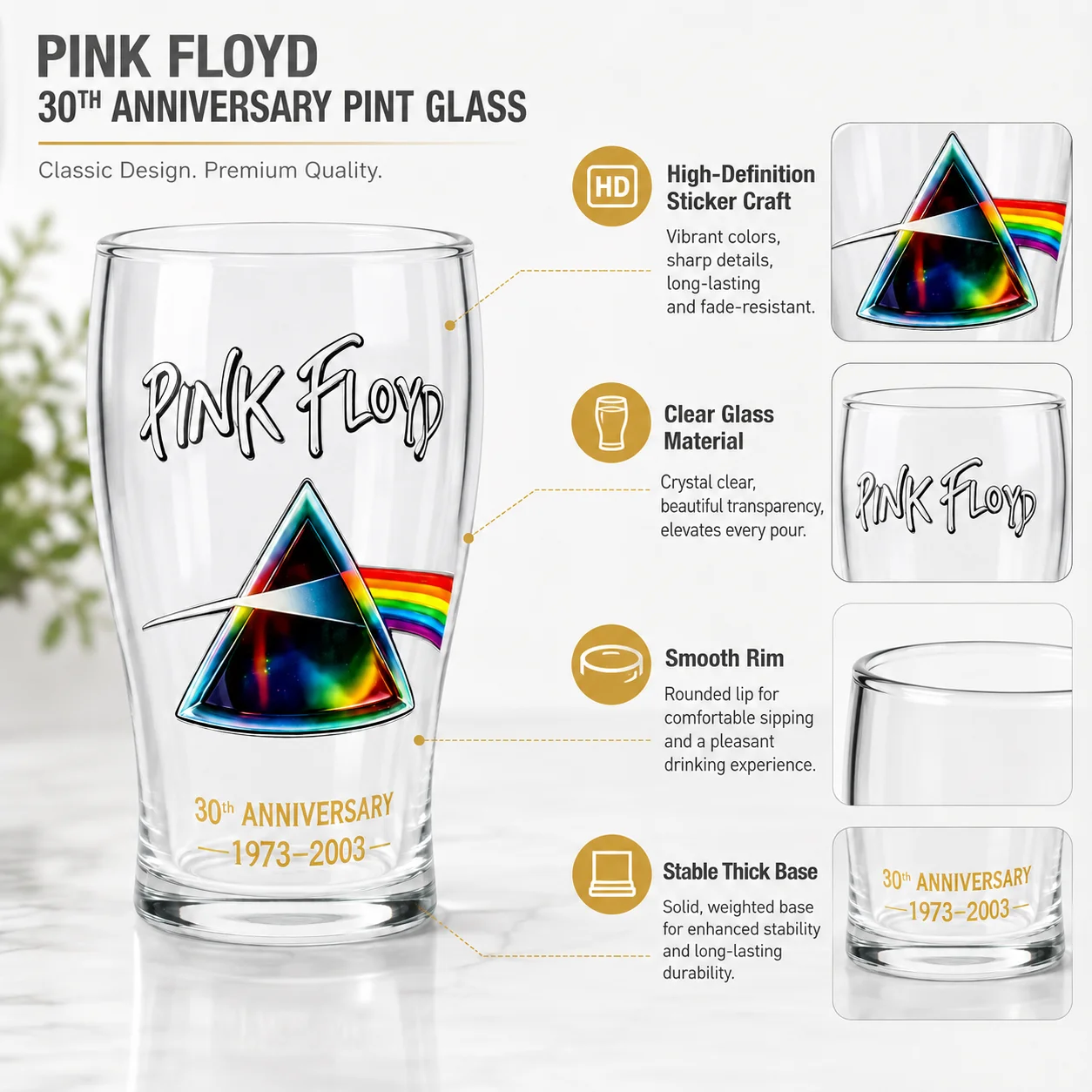 Pink Floyd The Dark Side of the Moon 30th Anniversary Pint Glass, Classic Rock Collectible Beer Glass Fan Gift Bar Home Decor