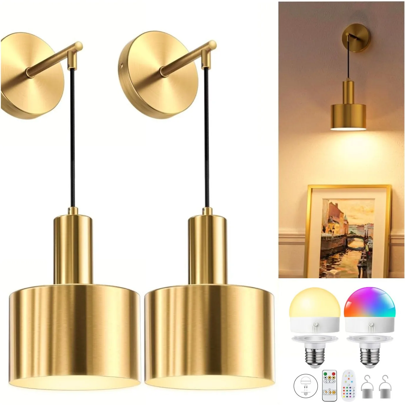Black Gold Wall Lamp with Remote-Charging, Easy Install for Bedroom/Living RoomEnergy-Saving- Remote/Timer, 3 Colors