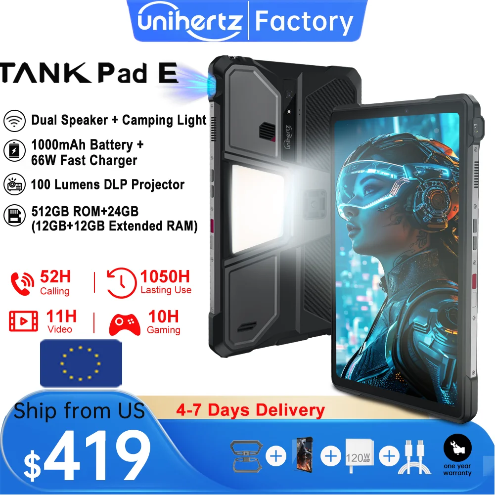 Unihertz 8849 TANK PAD E Rugged Projector Tablet Smartphone 10.95 inch 24GB 512GB 21000mAh 32MP 50MP Camera Android 14 Phone PAD