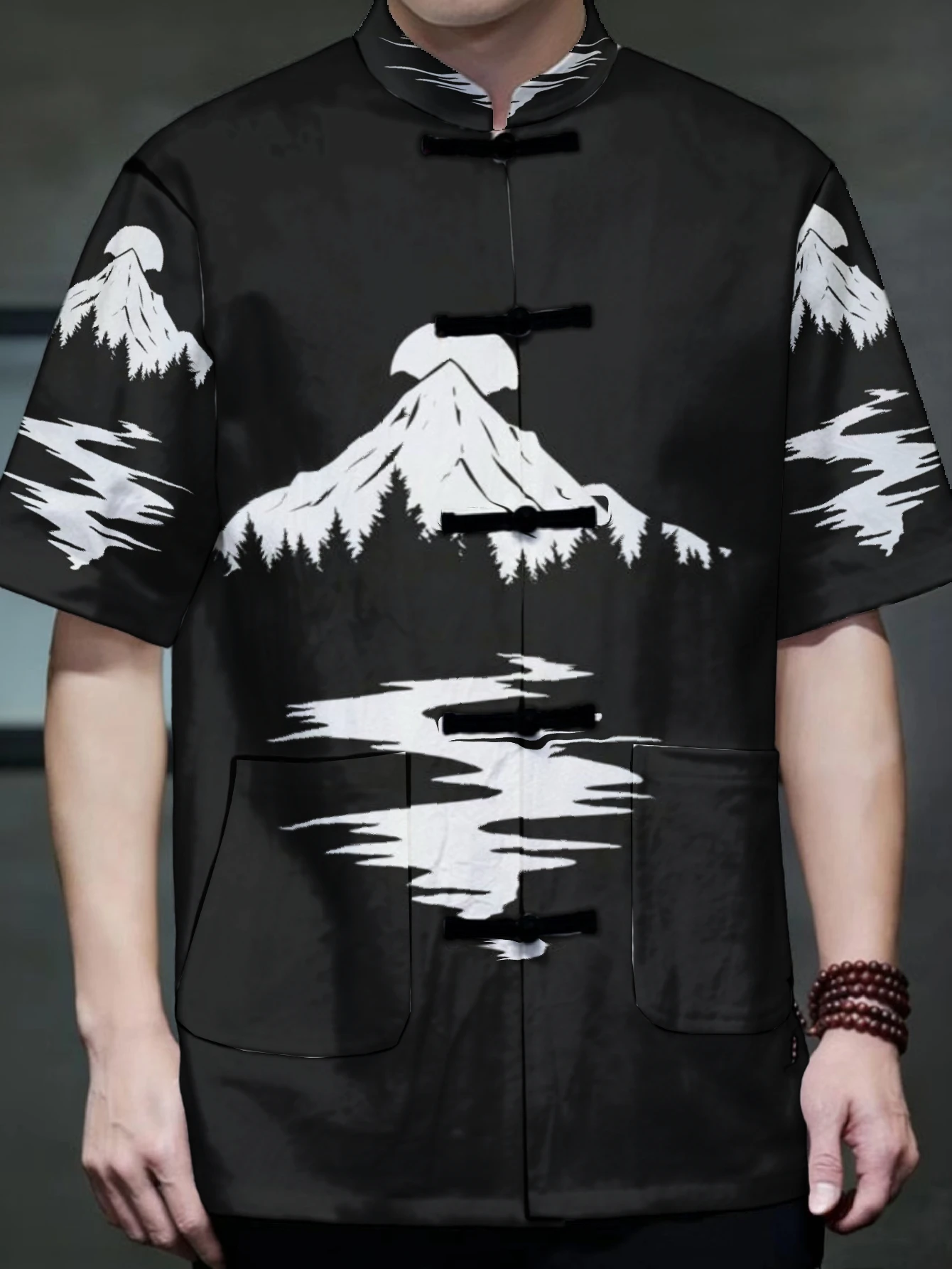 Mens Stand Collar Tang Top Mountain Landscape Print Frog Button Lightweight Blouse