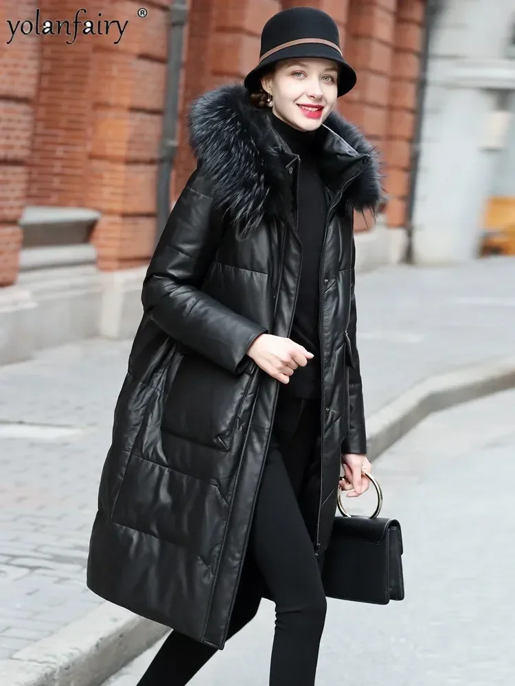 Winter Long Coat Women's Genuine Leather Down Jacket for Women Sheepskin Coats Female New Outwear Loose Versatile Fur Collar FCY