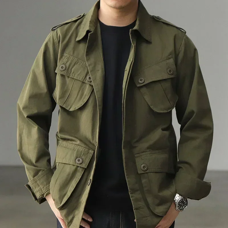 Veste Cargo Multi-Poches pour Homme, Vêtement Vintage Américain, Col à Revers, Mode Décontractée, Vert Armée, Printemps Automne