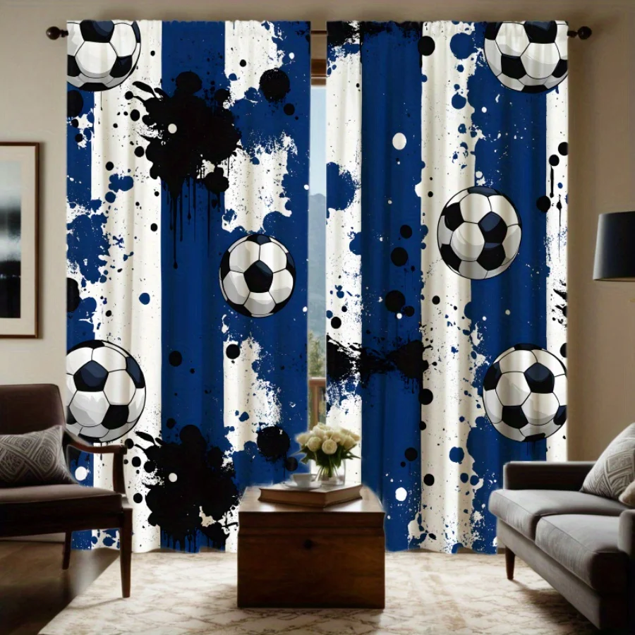 Soccer Ball Curtains Blue White Art Window Drapes Sports Design Home Decor Athletic Theme Kids Room