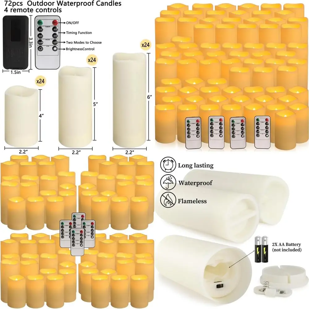

72 светодиодных свечи на батарейках, водонепроницаемые, для использования в помещении/на улице, с пультом дистанционного управления и 24-часовым таймером