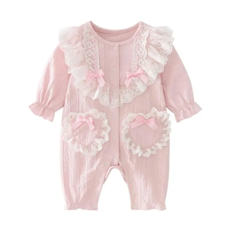 2023 Bodysuit Baby Meisjes Pasgeboren Full Mouw Herfst Klimmen Katoenen Kanten Strik Roze Mooie Zachte Warme Zonder Capuchon