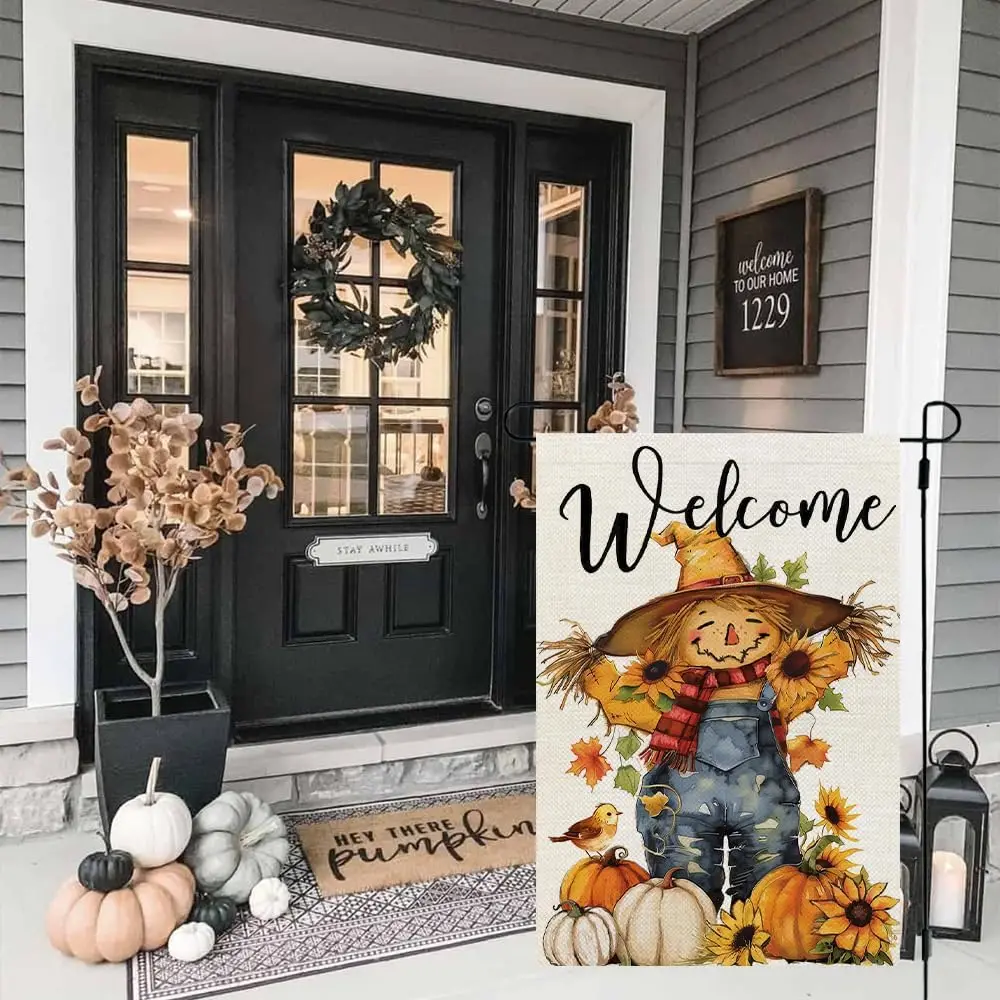 Fall Thanksgiving Scarecrow Garden Flag 12x18 Inch | Weather resistant, double-sided small yard flag. Features scarecrow pum PPZ