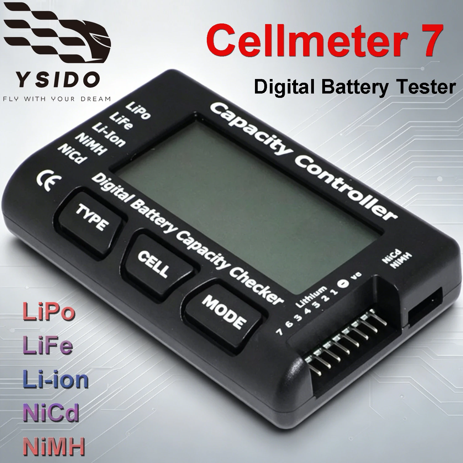 YSIDO Cellmeter 7 Digital Battery Capacity Checker Controller for LiPo LiFe Li-ion NiCd NiMH Voltage Tester Checking CellMeter7