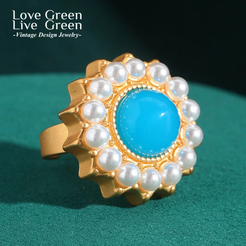 

Vintage Pearl Ring Natural Large Sunflower Blue Stone Woman Wedding Accessories Gold Color Luxury Designer Jewelry Trends 2025