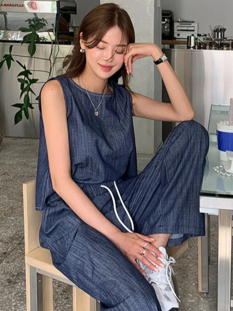 

Chic Vintage Bal Design Denim Vest High Waist Wide Leg Pants Women's Dstring Casual Sle Color Chinese Made