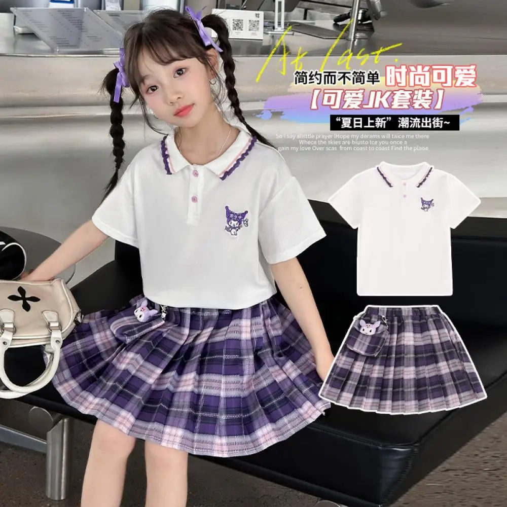 

Sanrio Kuromi Girls Summer Set College Style Short-Sleeved + Pleated Skirt Child Sweet Polo Shirt Short Skirt Children's Dress