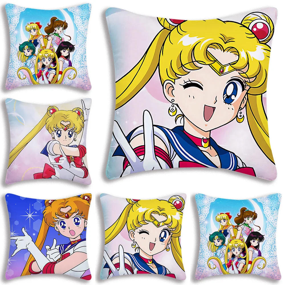 

Sailor Moon Animes Pillow Covers Cartoon Sofa Decorative Home Double-sided Printing Short Plush Cute Cushion Cover