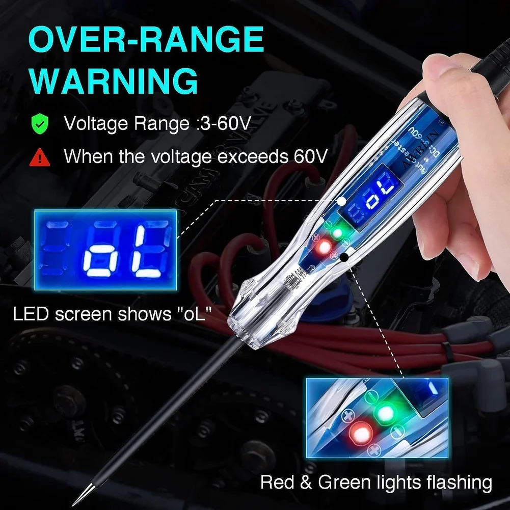 Vehicle Circuit Tester with Digital Voltage Readout Red Green LED Polarity Indicators and to 60V DC Operating Range