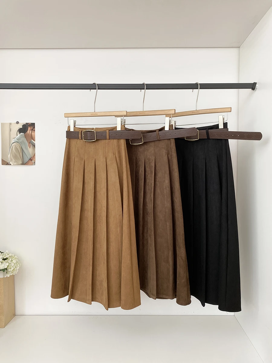 

Женская осенне-зимняя винтажная замшевая юбка трапециевидной формы с высокой талией, женская элегантная однотонная плиссированная длинная юбка