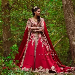 Muslim Wedding Dresse With Shawl cape Red gold lace embrodiery Long Sleeve Moroccan Kaftan Islamic Dubai bridal DressCustomized