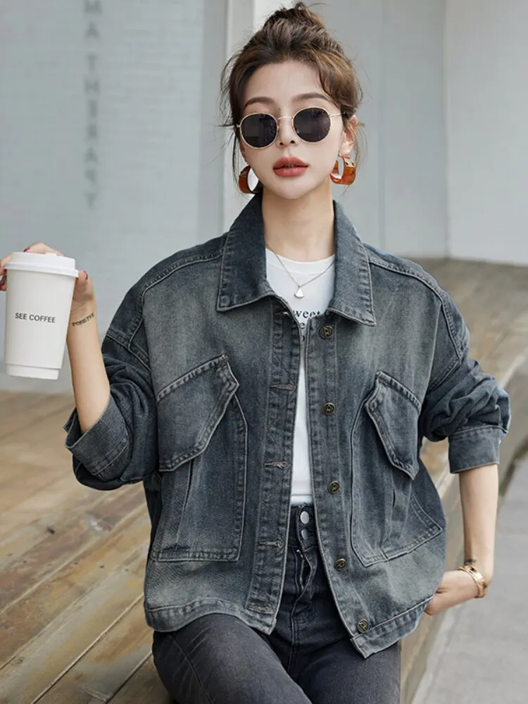 Loose Women's Denim Jacket Long Sleeve Short Outerwear Autumn New Style Casual Breathable Button Pocket Detail Ladies Coat
