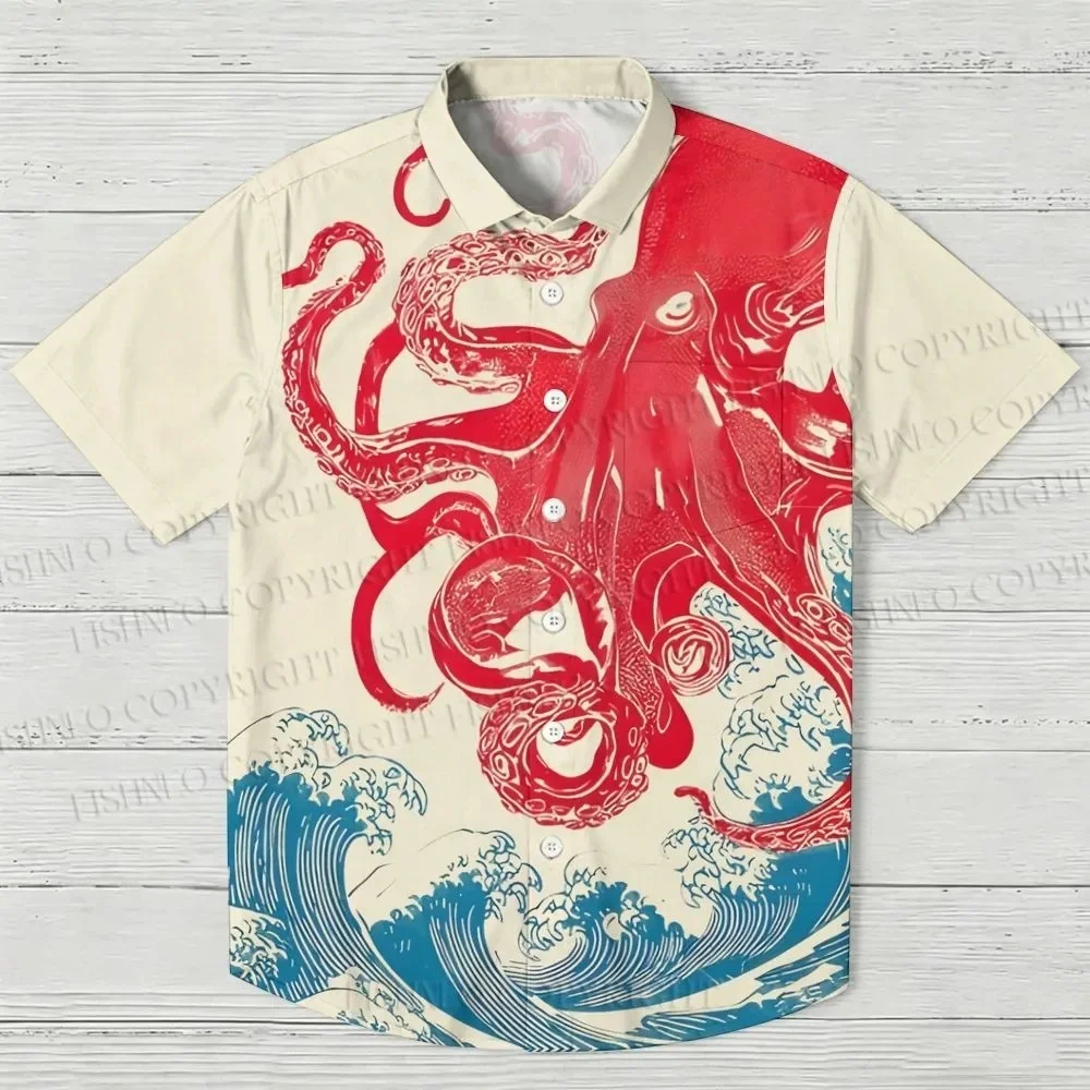 Octopus In Wave Japanese Ukiyo Printed Button Up Shirt 3D Pattern Style Men's Hawaiian Shirt