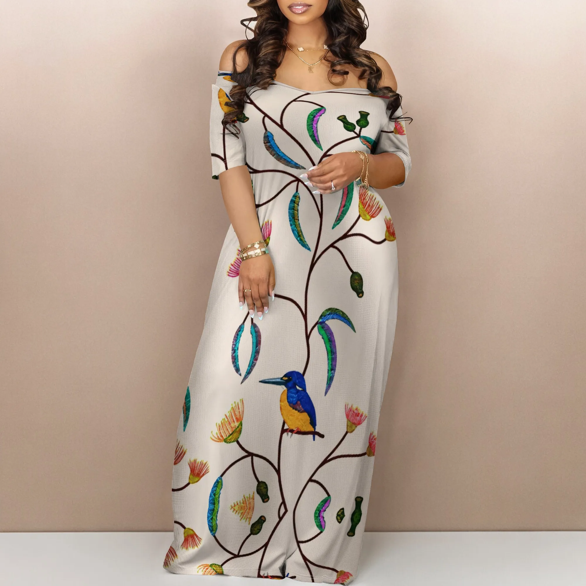 

Off Shoulder Beach Maxi Dress Women Short Sleeve Floral Print with Pockets Summer