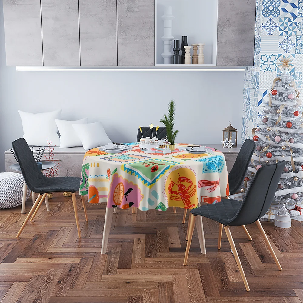 One colorful Italian-style (lobster, citrus, tiles) round tablecloth. Mediterranean-style home decoration fabric.xzj
