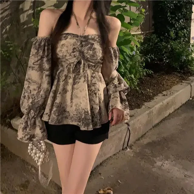 Frauen Sexy Off Schulter Backless Halter Kordelzug Bluse Frühling SuTrendy Print Chic Hemd Langarm Schlank Y2K Tops Blusas Z726