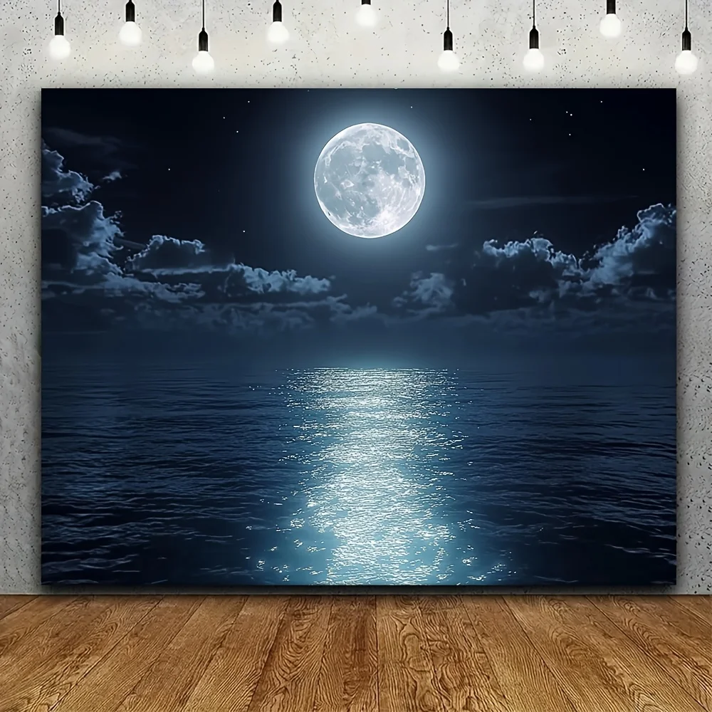 2D-Bild, 1 Stück Hintergrundstoff mit Mond- und Meeresmotiv, geeignet für Schlafzimmer, Wohnzimmer, Studentenwohnheim und Heimdekoration